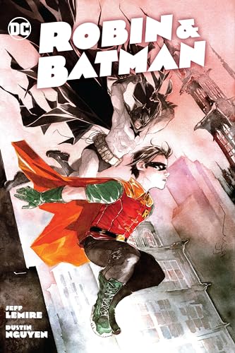 Robin and Batman in dynamic poses against a city backdrop.