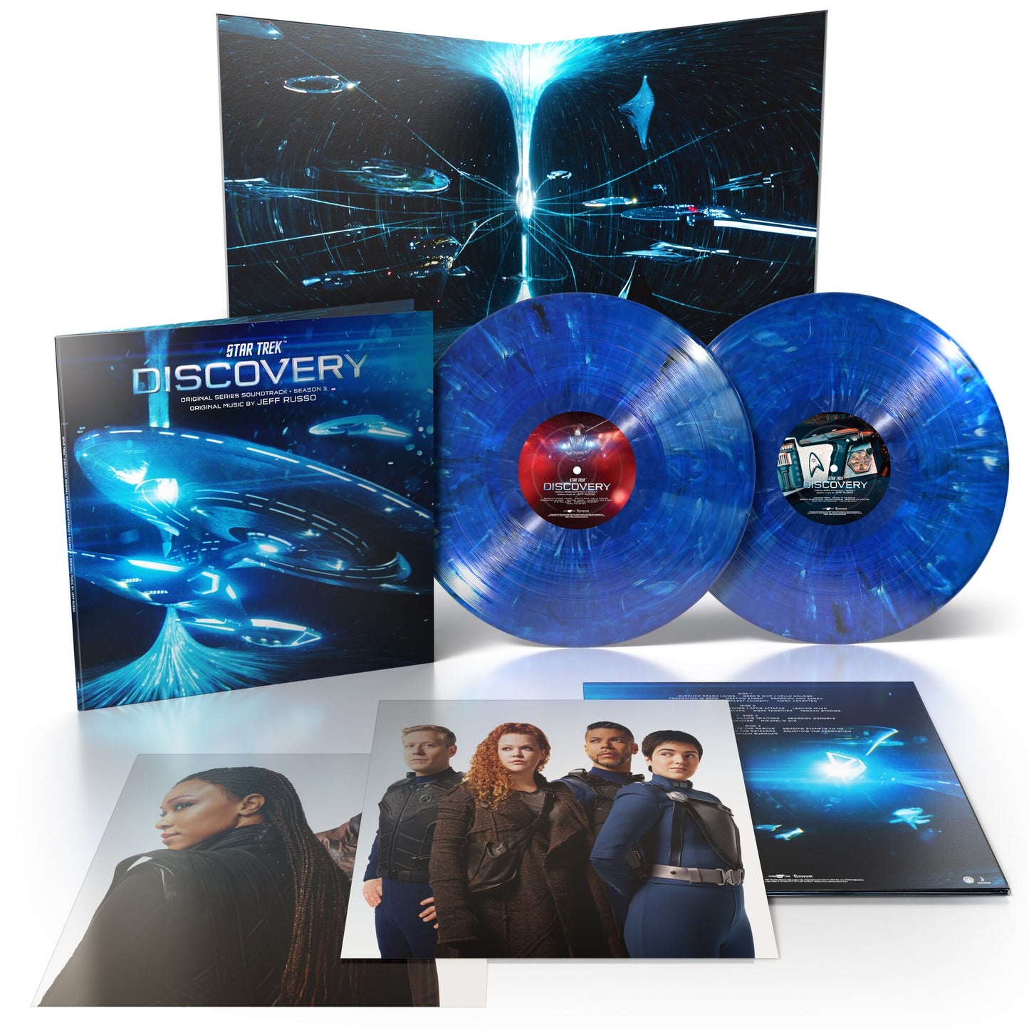 Star Trek Discovery" Season 3 vinyl soundtrack with blue and clear records, insert, and cast photo.