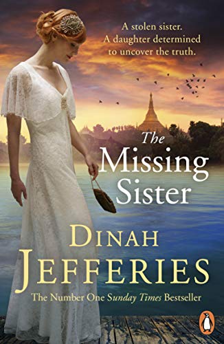 Book cover: woman in white dress, distant temple, title "The Missing Sister".