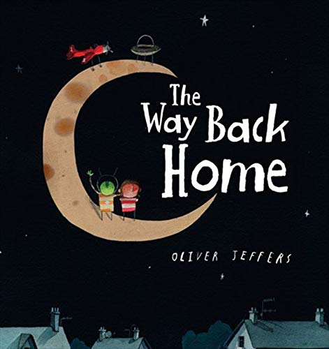 Book cover: children, moon, UFO, and houses in a night scene.