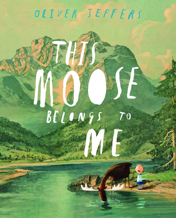 Illustrated book cover depicting a moose in a lake and a small boy.