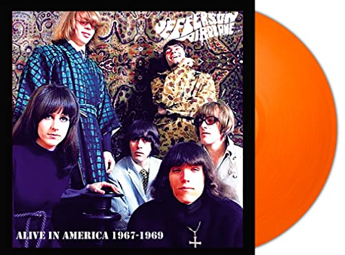 Jefferson Airplane album cover with band photo and a bright orange vinyl record.