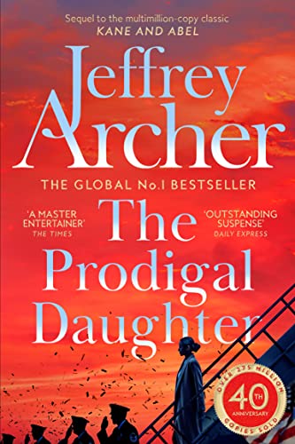 Book cover for The Prodigal Daughter by Jeffrey Archer with a red sunset sky.