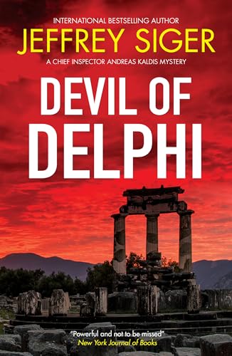 Book cover: "Devil of Delphi" with ancient Greek ruins and red sky.