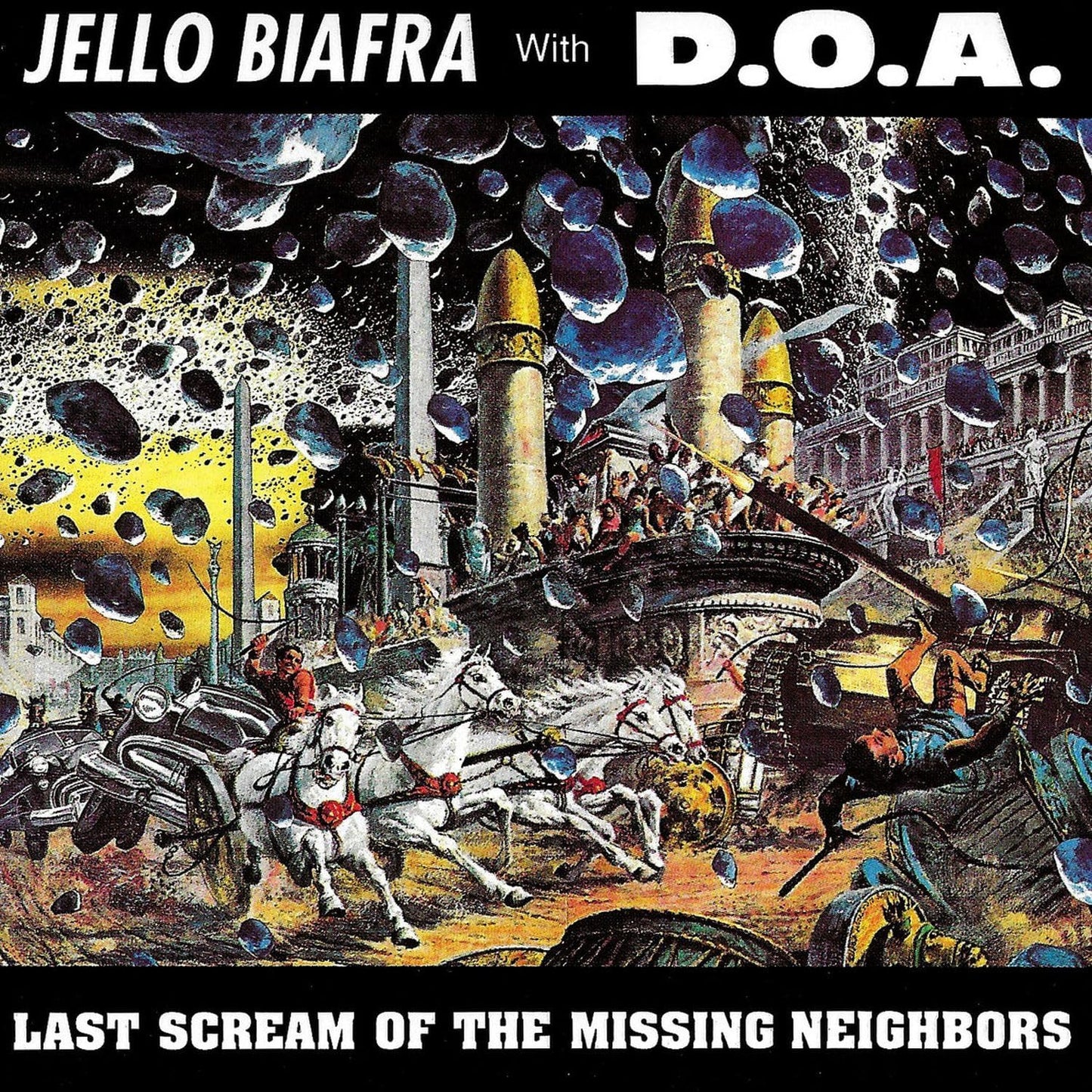 Album cover art featuring a chaotic historical scene with chariots, tanks, and falling rocks.