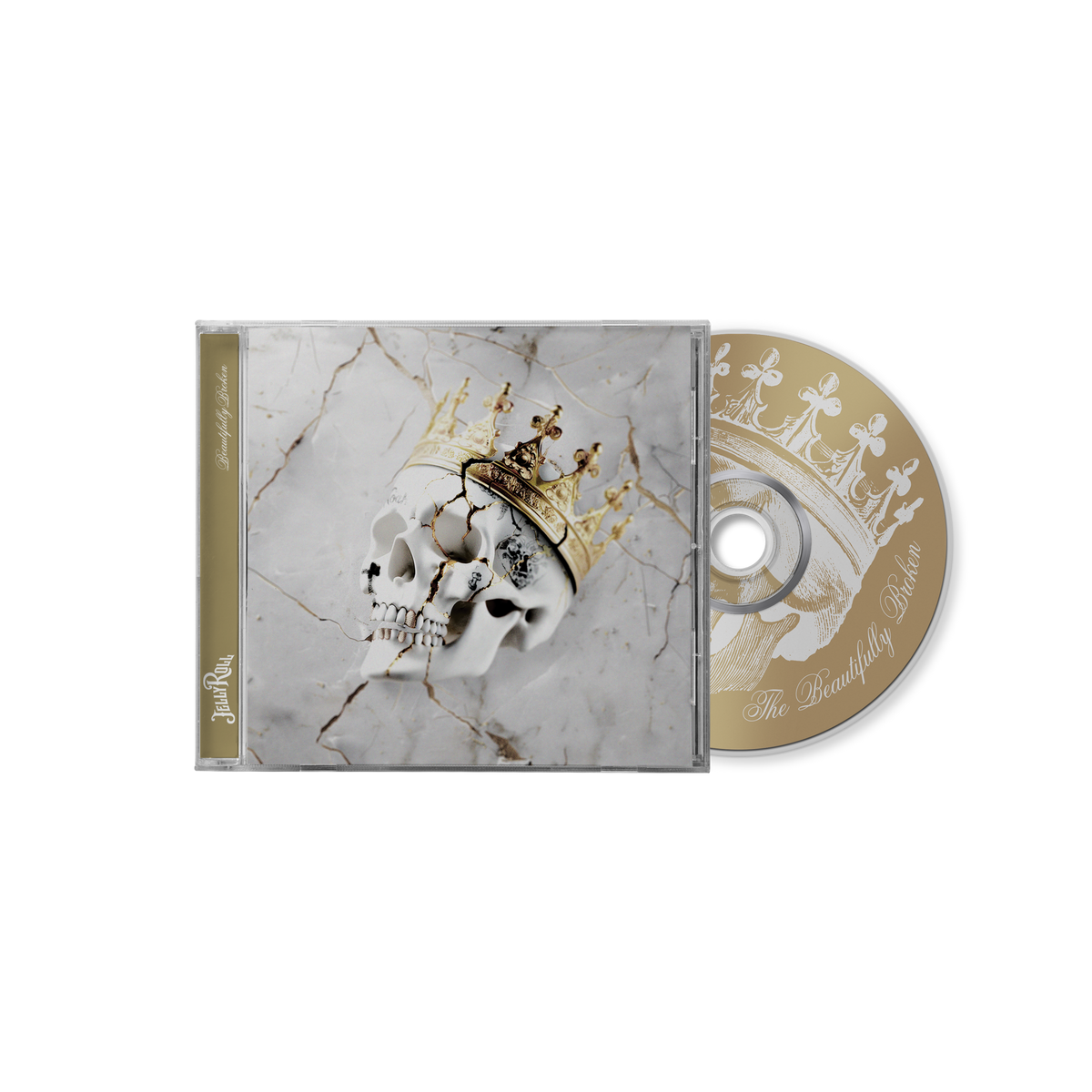 CD case with a skull wearing a golden crown on a marble background.