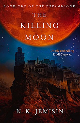 Book cover featuring a large red moon over a dark, ancient stone city.