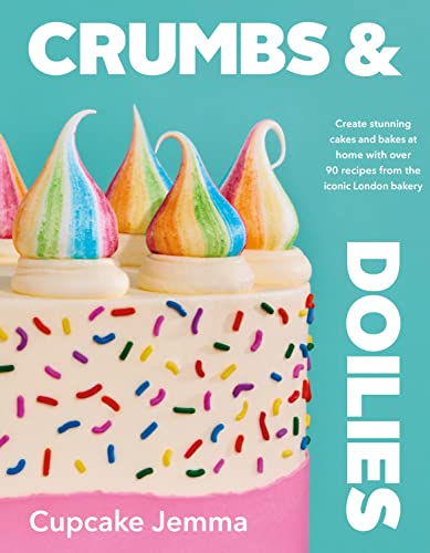 Book cover featuring a cake topped with rainbow-colored meringue swirls on a teal background.