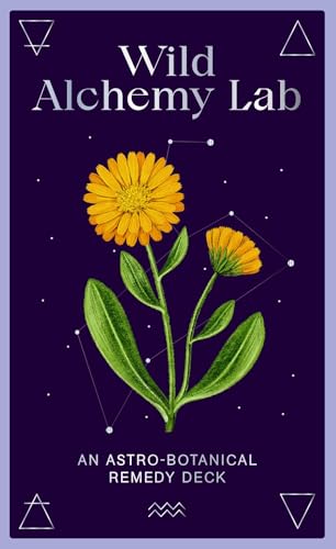 Dark purple card deck cover with calendula flowers and geometric symbols.
