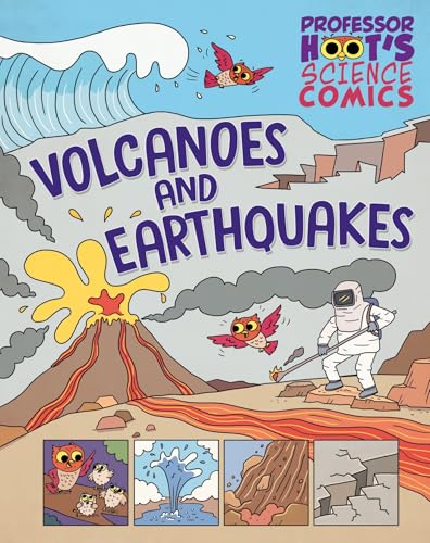 Comic book cover depicting volcanoes, earthquakes, and an owl scientist.