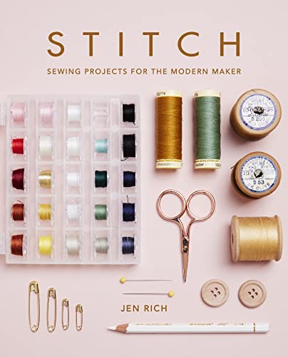 Book cover, "Stitch," featuring sewing supplies and colorful thread spools.