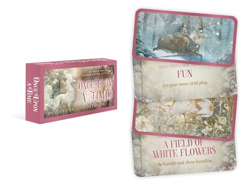 Pink-edged card deck with fairytale imagery of deer and flowers.