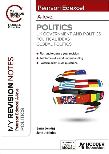 Red A-level Politics revision notes book with flags from various nations.
