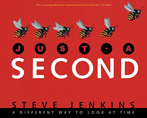 Book cover: "Just a Second" with bees and bold red-and-white text.