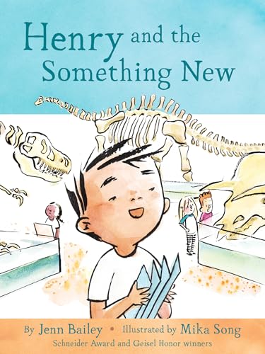 Book cover: boy looking up at a dinosaur skeleton in a museum.