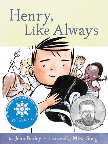 Book cover: a young boy hugged by a large black dog, with children around.