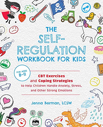 Book cover titled The Self-Regulation Workbook for Kids surrounded by colorful hand-drawn doodle illustrations.