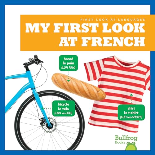 Book cover with a bicycle, bread, and striped shirt, learning French.