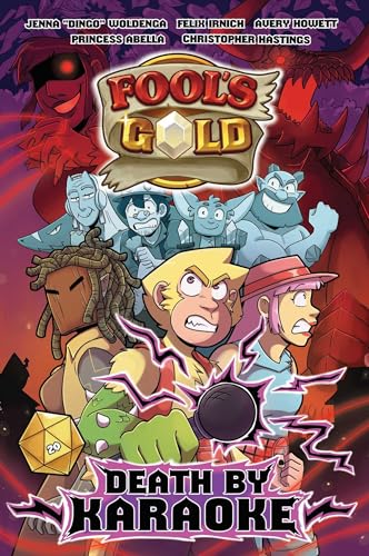Colorful cartoon cover for “Fool’s Gold: Death by Karaoke” with fantasy characters.