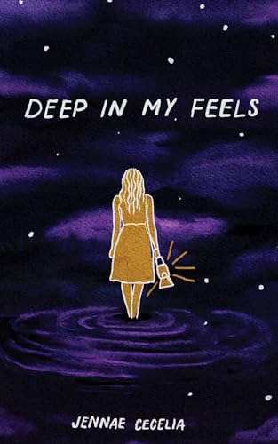 Woman standing in water with a bag, illustrated purple cover.