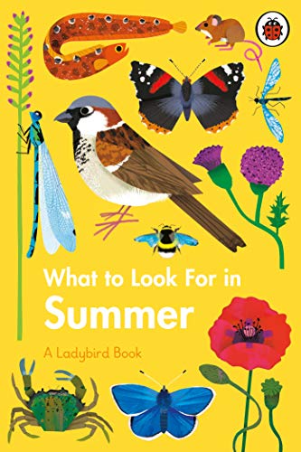 "Yellow children's book cover featuring illustrations of various insects, birds, and flowers."