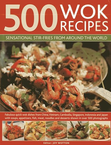 Cookbook cover featuring stir-fry with shrimp, vegetables, and the title "500 Wok Recipes".