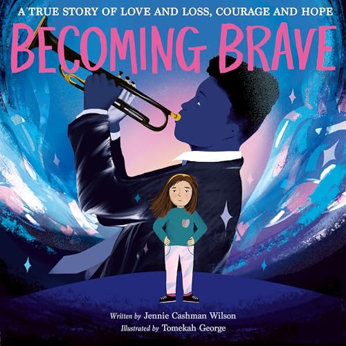 Book cover: illustrated boy playing trumpet, small girl standing below.