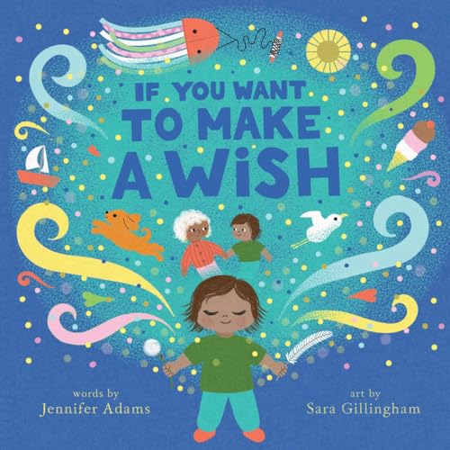 Book cover with a child, colorful swirls, and whimsical objects on a blue background.