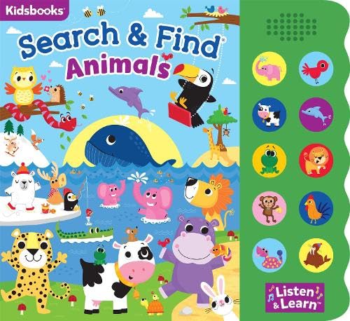 Colorful children’s book cover featuring diverse animals and sound buttons.
