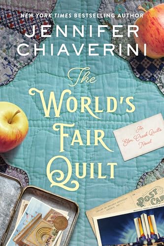 Book cover with quilt, apples, postcards, and vintage objects.