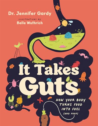 Book cover with illustrated digestive system, colorful characters, and bold title.