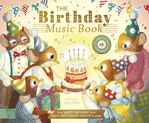 Illustrated cover of “The Birthday Music Book” with anthropomorphic mice and a cake.