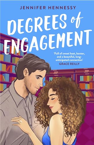 Book cover: couple embracing in front of a bookshelf, blue background.