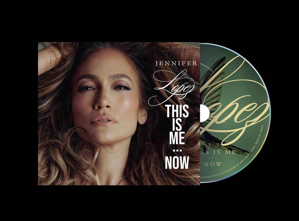 Jennifer Lopez album cover, "This Is Me...Now," with portrait and circular design.