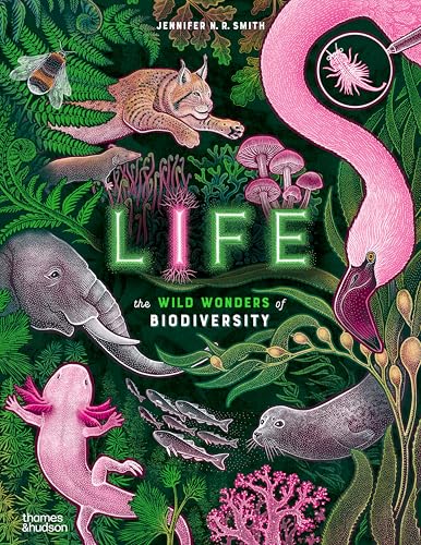 Book cover illustration featuring a lynx, flamingo, elephant, axolotl, and seal amidst lush plants.