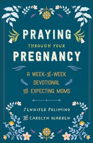 Colorful devotional book with pregnant woman illustration and calming background for expecting mothers.