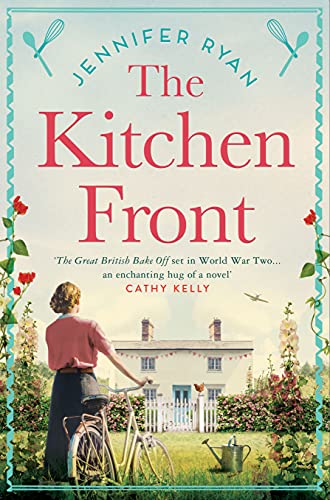 Book cover: woman with bicycle facing a white house and garden.