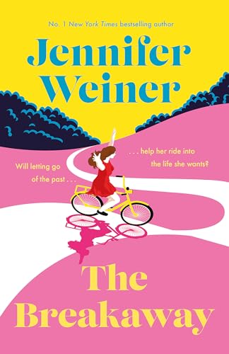 Book cover: woman in red dress riding a yellow bicycle on pink road.