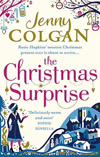 Book cover featuring a woman in a winter coat, a snowy village, and decorations.