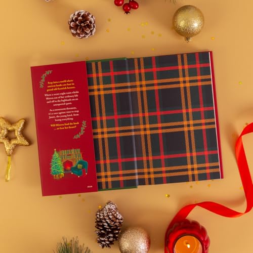 Open book with red text on left page and plaid pattern on right page.