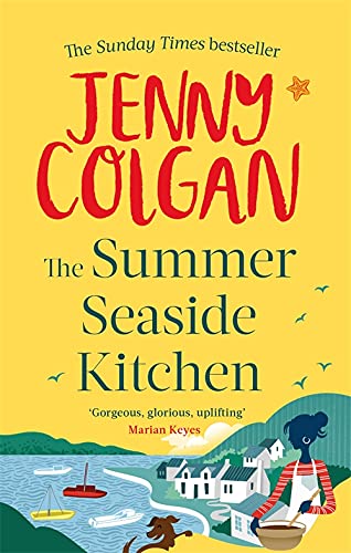 Book cover with yellow background, title text, and illustration of a seaside village scene.