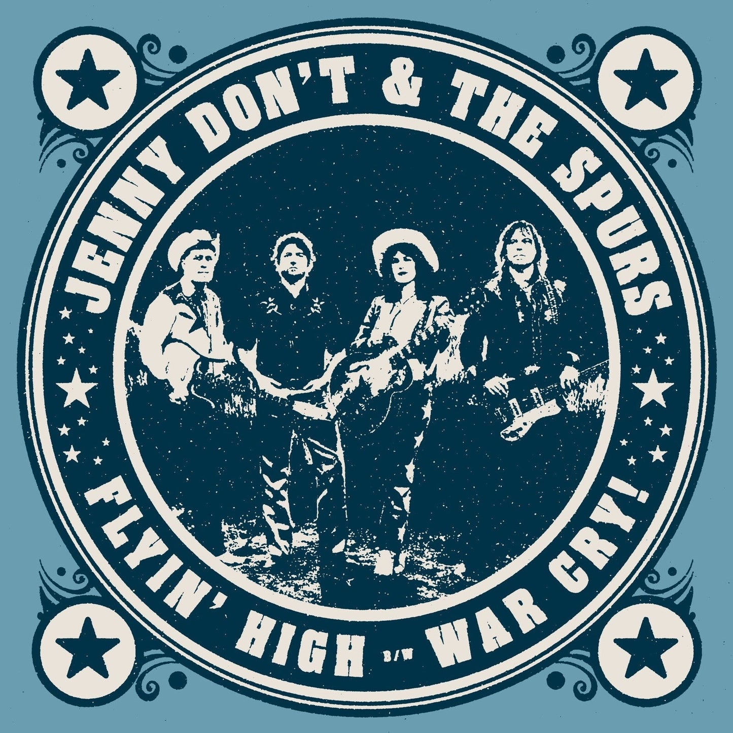 Vintage-style record label featuring a band portrait and starburst design.