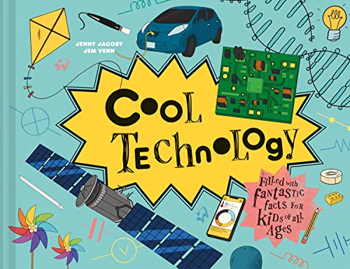 Book cover for Cool Technology with illustrations of a satellite, car, and circuit board.