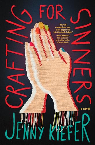 Book cover: crocheted praying hands with colorful yarn fringe, dark background.