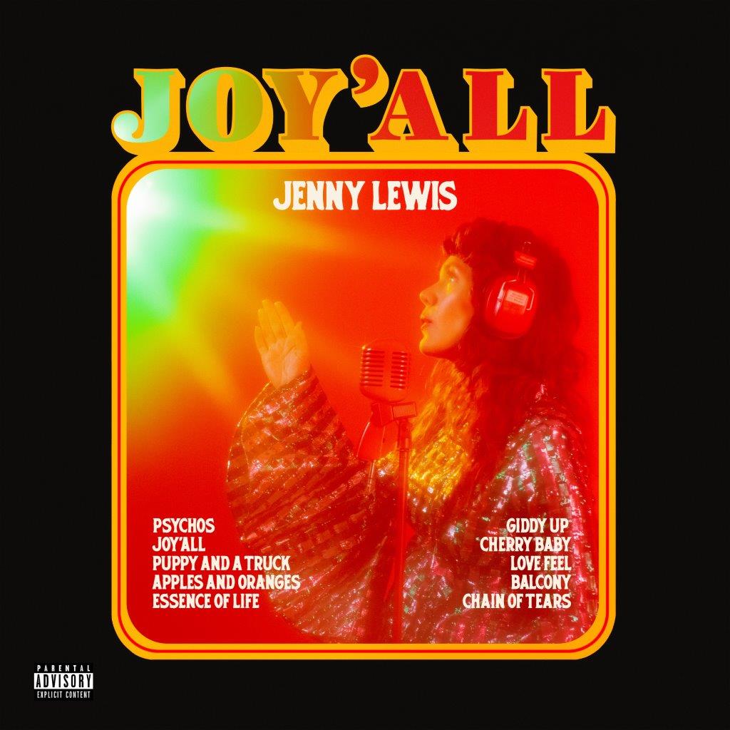 Jenny Lewis album cover, “JOY’ALL”, featuring a singer with a microphone.