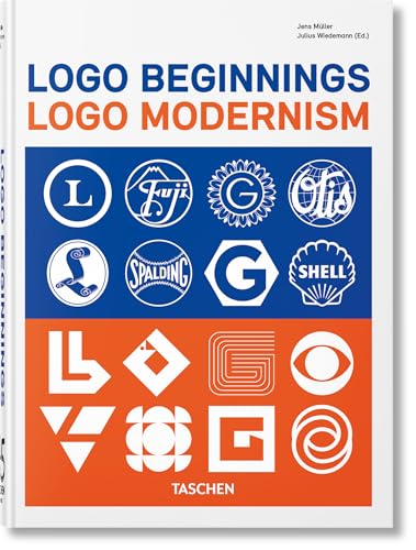 Book cover titled Logo Beginnings Logo Modernism featuring a grid of various white logos.