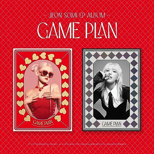 Jeon Somi album cover featuring two card-shaped portraits with bold text.