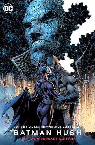Batman and Catwoman embrace before a fragmented Batman face in the sky.