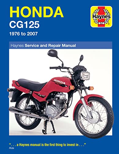 Red Honda CG125 motorcycle shown on a Haynes repair manual cover.
