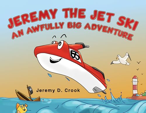 Red jet ski with a smiling face flies over blue ocean waves.